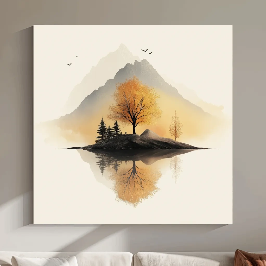 Minimalist Misty Mountain Lake Illustration - Serene Autumn Tree Landscape Wall Art