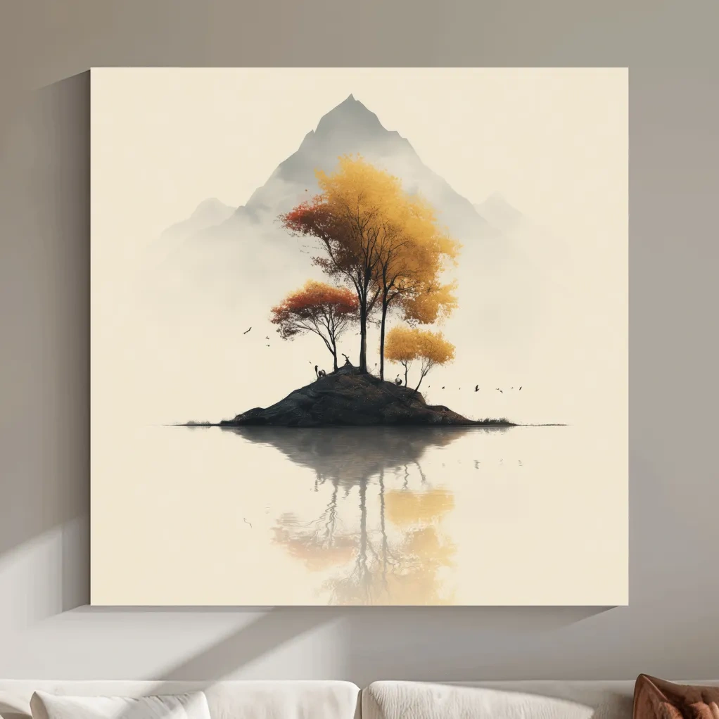 Minimalist Autumn Trees On Misty Lake Island - Serene Mountain Landscape Wall Art