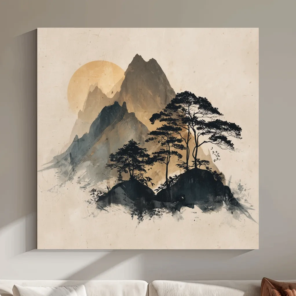 Zen Ink Wash Mountain Sunrise - Minimalist Japanese Pine Landscape Wall Art