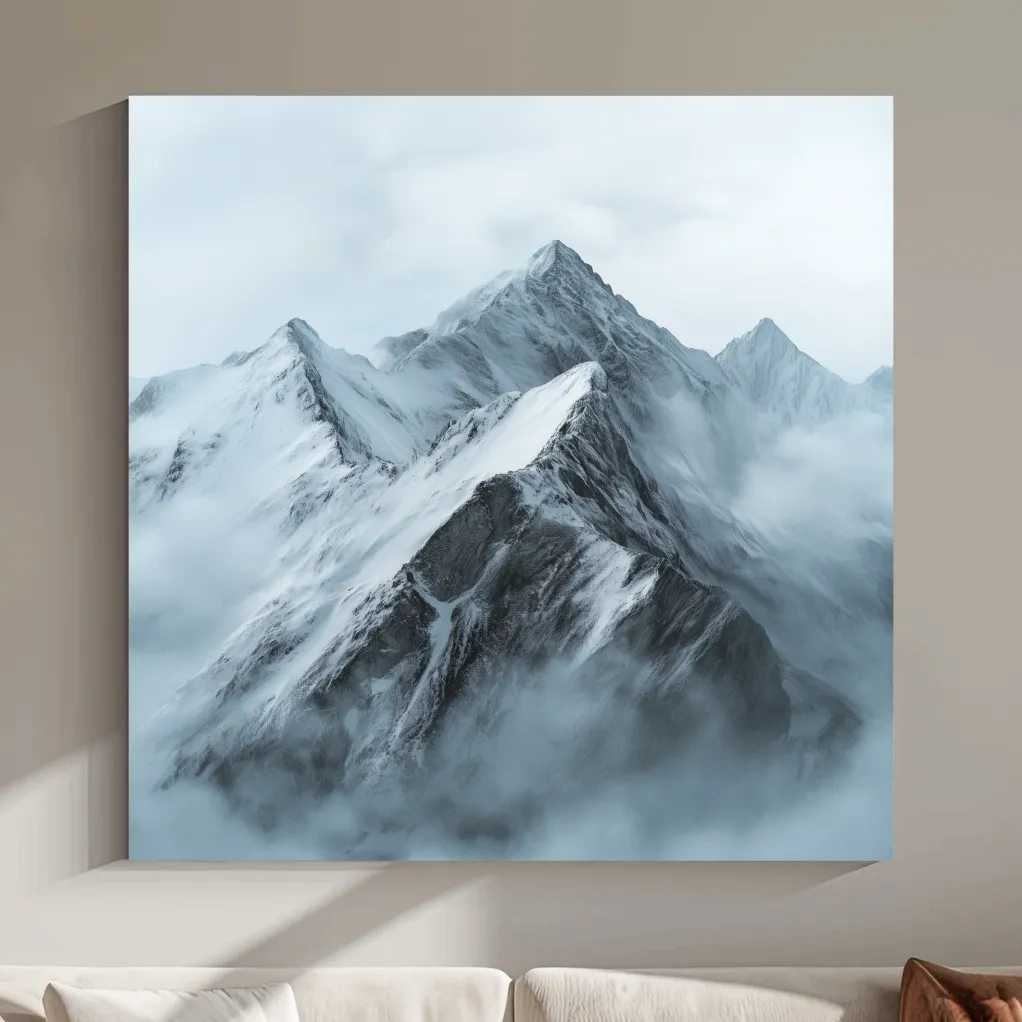 Misty Snowcapped Alpine Peak Landscape - Monochrome Photographic Mountain Wall Art