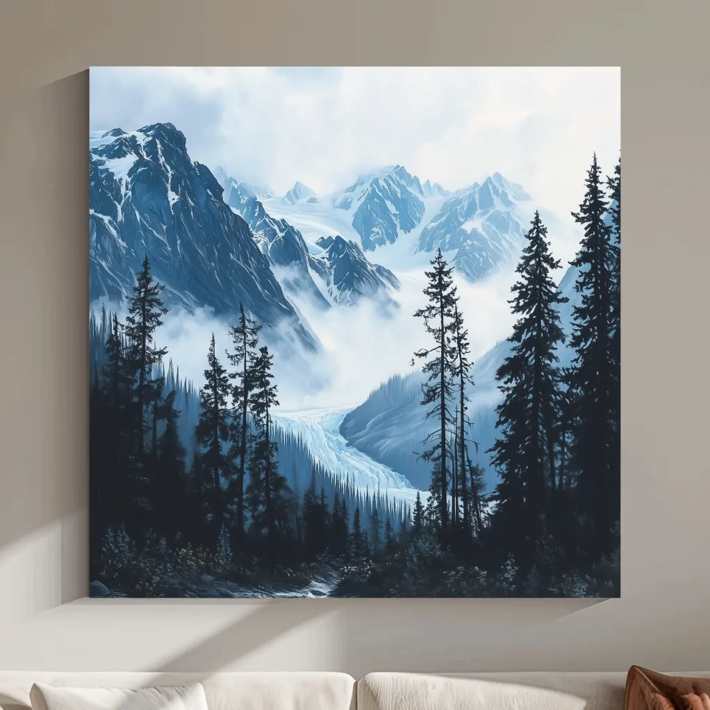 Misty Alpine Glacier Valley Landscape - Moody Mountain Forest Wall Art