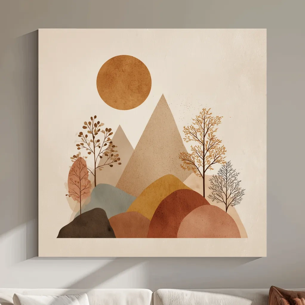 Minimalist Scandi Mountain Sunset Landscape - Boho Neutral Earth Tone Wall Art