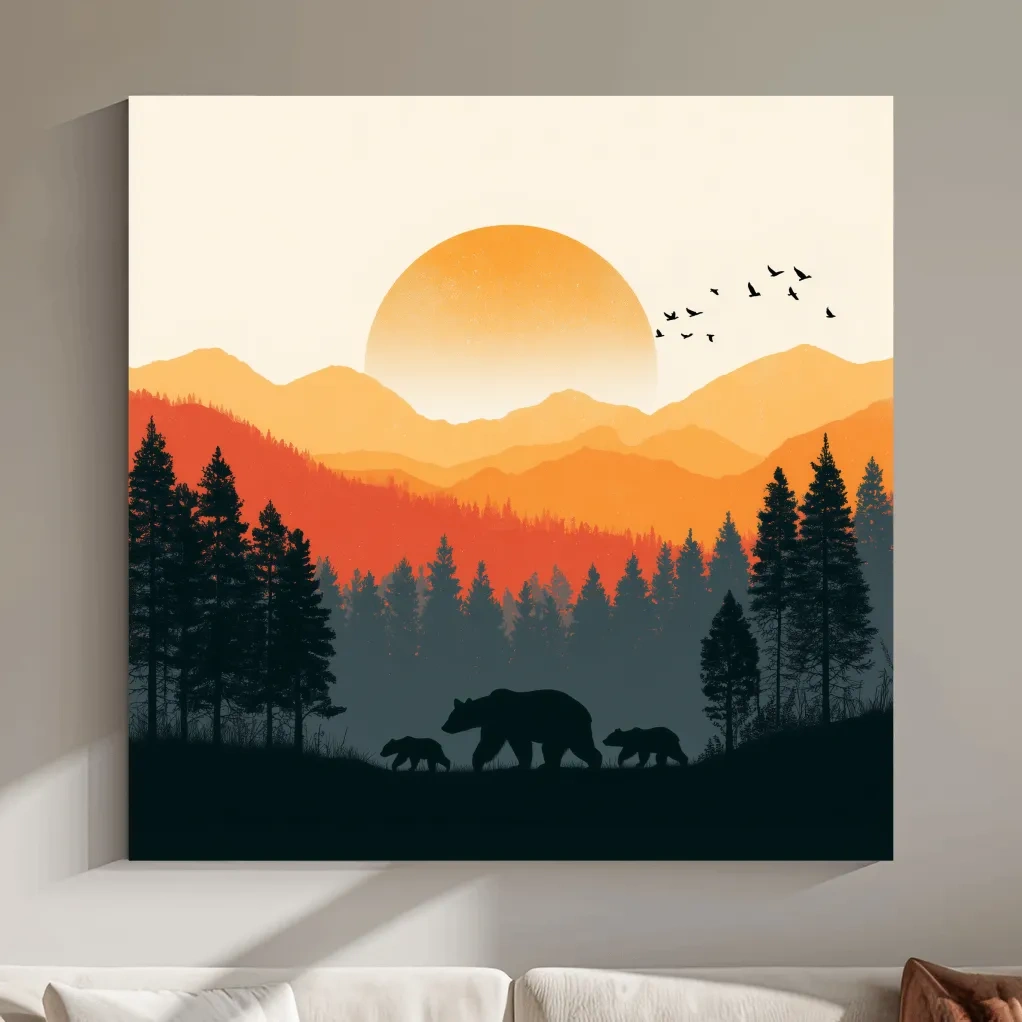 Sunset Mama Bear & Cubs Silhouette - Wildlife Forest Landscape Wall Art
