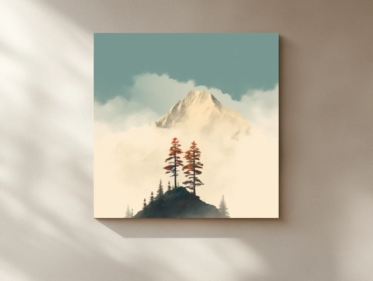 Misty Alpine Peak With Autumn Pines - Minimalist Mountain Artwork