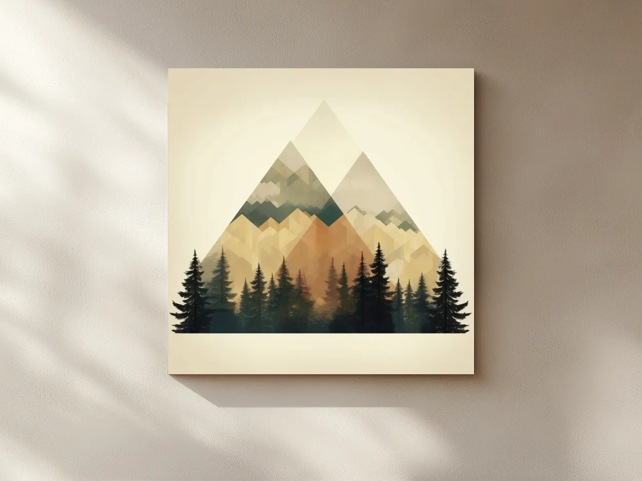 Geometric Mountain Peaks With Pine Forest - Minimalist Scandinavian Alpine Artwork