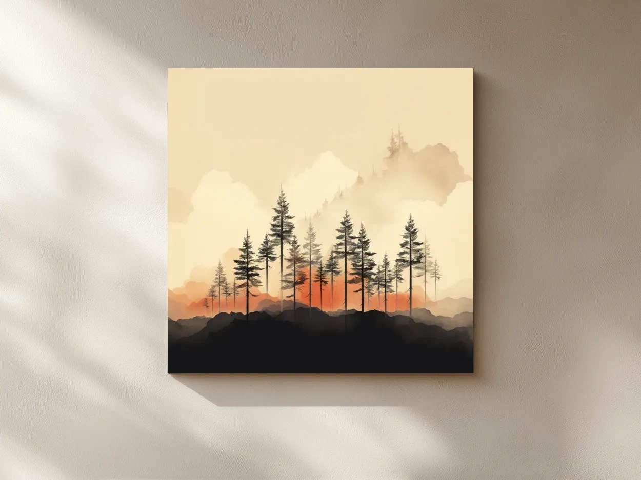 Misty Pine Forest Silhouettes At Sunrise - Minimalist Watercolor Mountain Wall Art