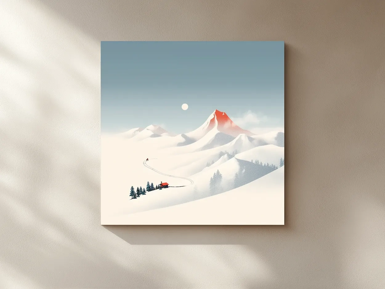 Minimalist Snowy Mountain Cabin Landscape - Nordic Winter Wall Art