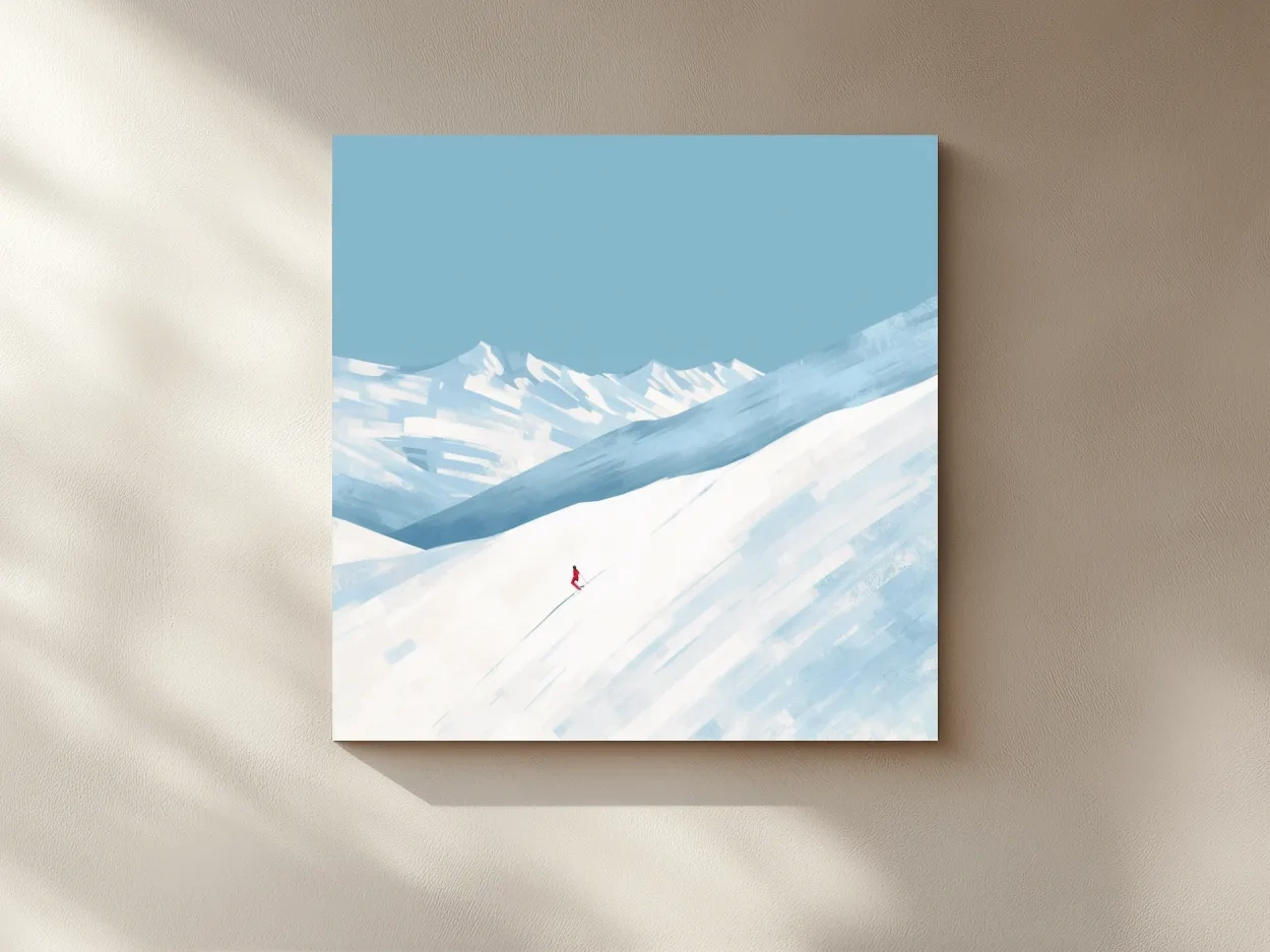 Minimalist Snowy Mountain Skier Painting - Alpine Winter Wall Art