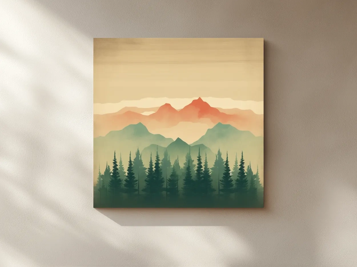 Misty Watercolor Mountain Range Sunrise - Pine Forest Landscape Artwork