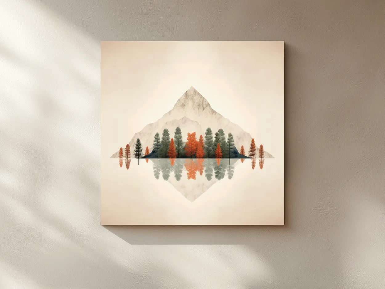 Minimalist Minimal Mountain Lake Reflection Painting - Autumn Pine Forest Artwork