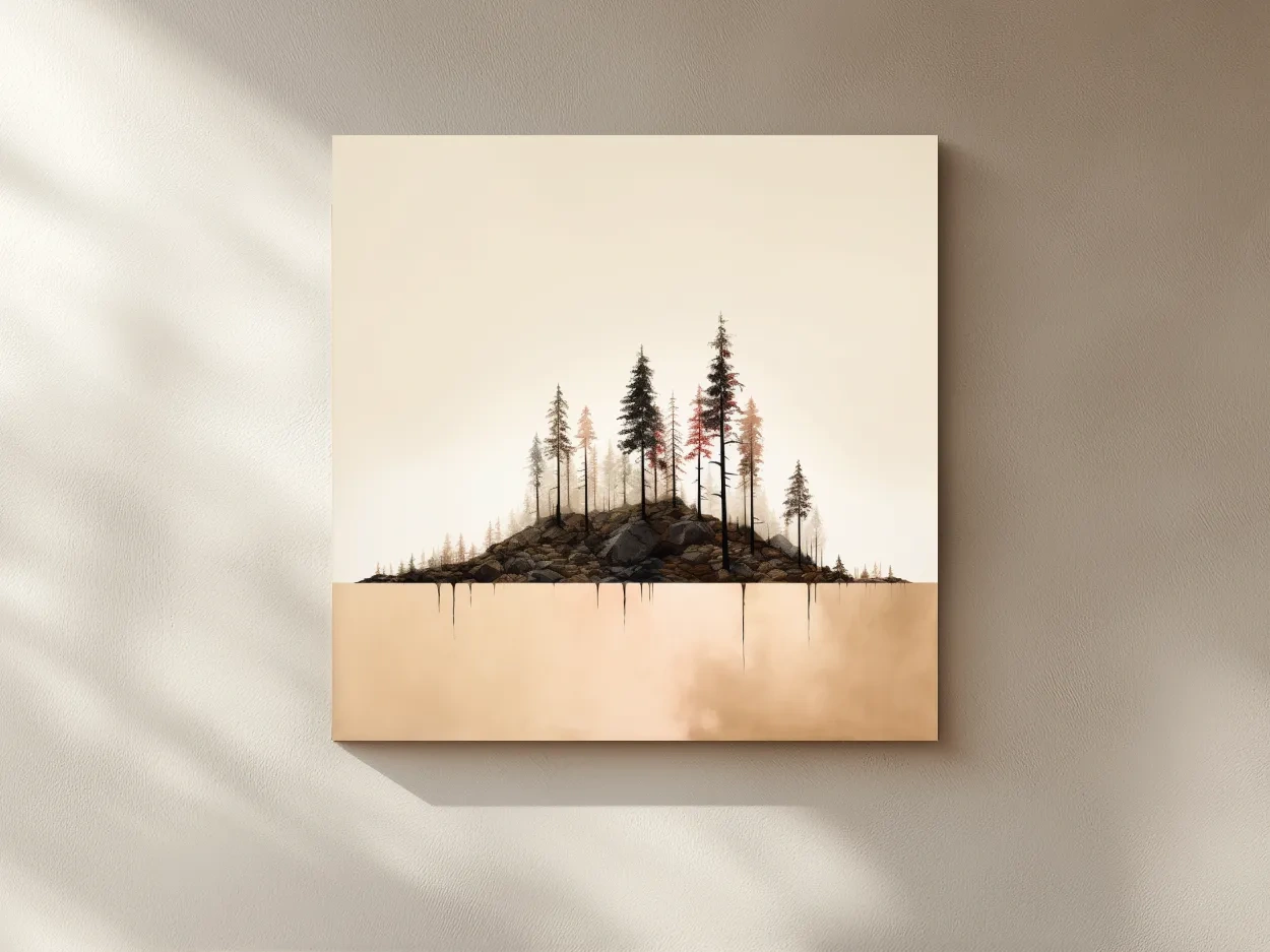 Minimalist Pine Forest Lake Illustration - Scandinavian Landscape Artwork
