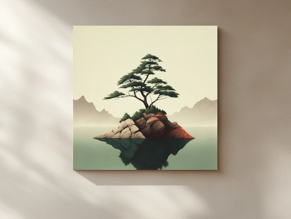 Minimalist Bonsai Pine On Rocky Islet - Japanese Zen Landscape Wall Art