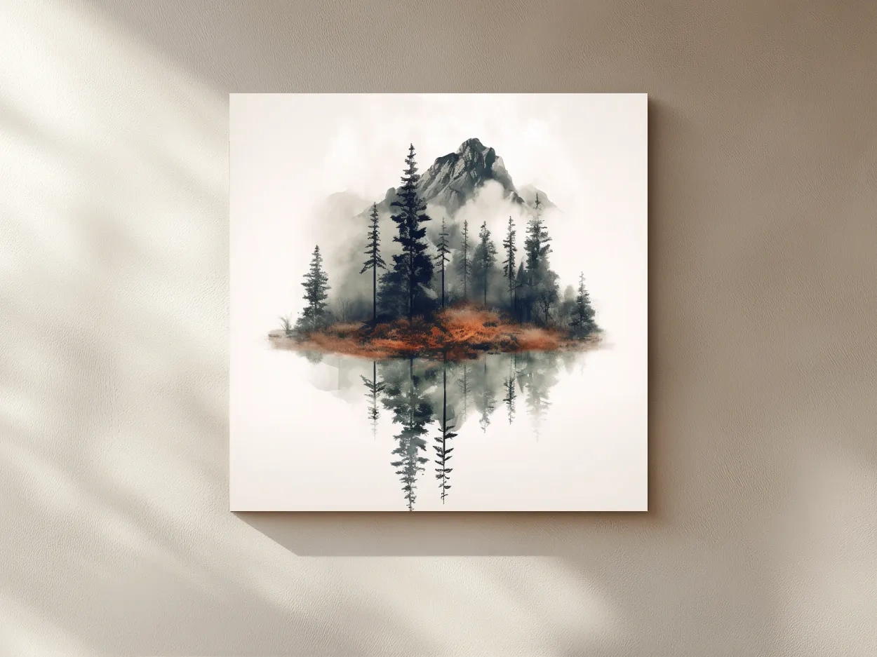 Minimalist Mountain Lake Reflection Watercolor - Moody Pine Forest Landscape Wall Art
