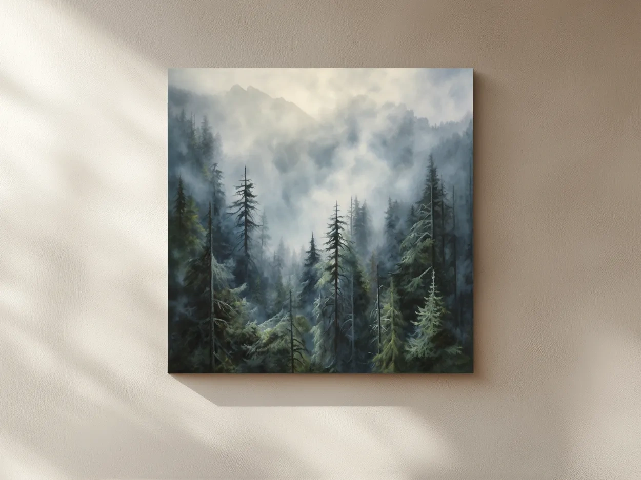 Moody Misty Pine Forest Mountains - Atmospheric Landscape Painting Wall Art