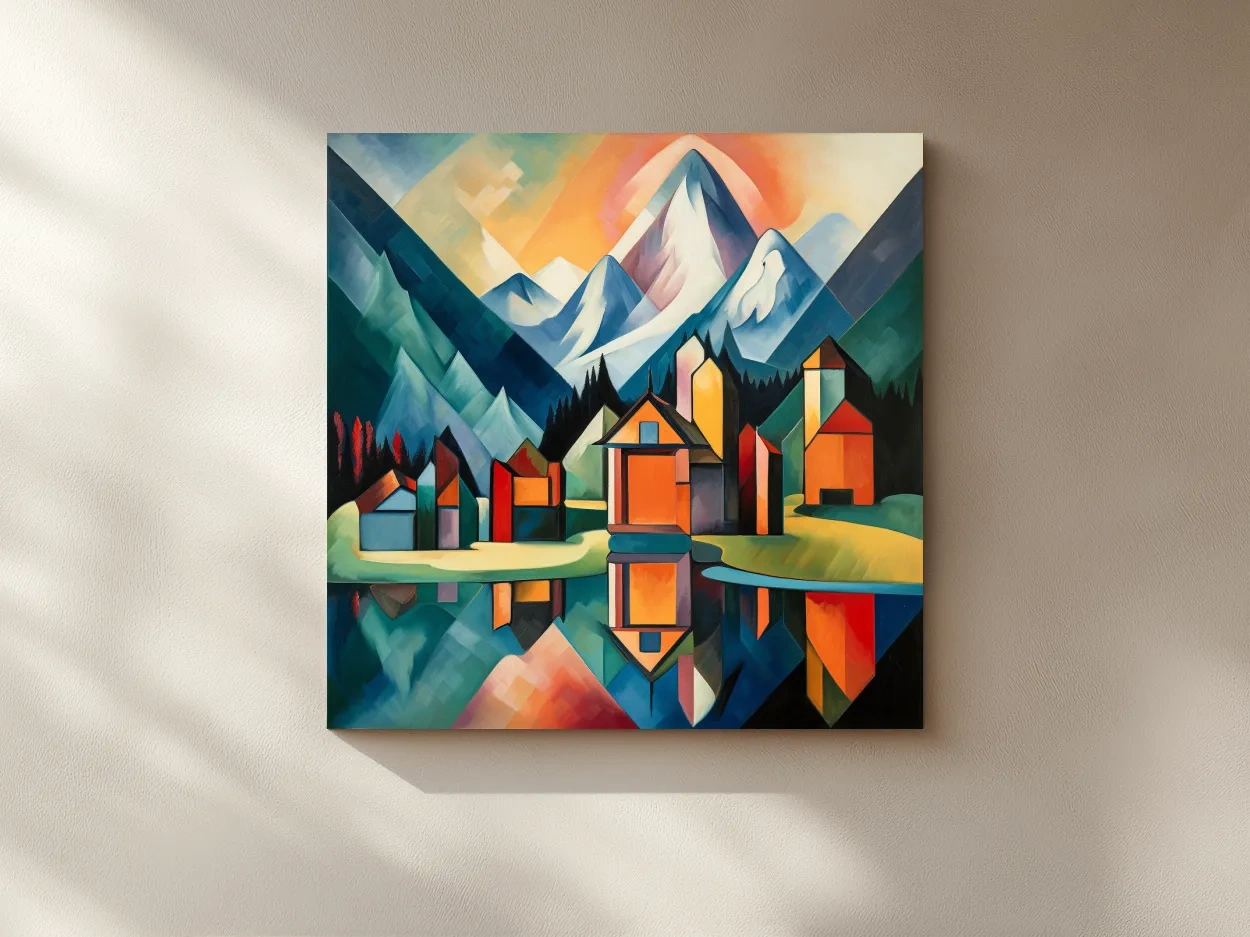 Colorful Geometric Alpine Village Lake Painting - Modern Abstract Mountain Wall Art