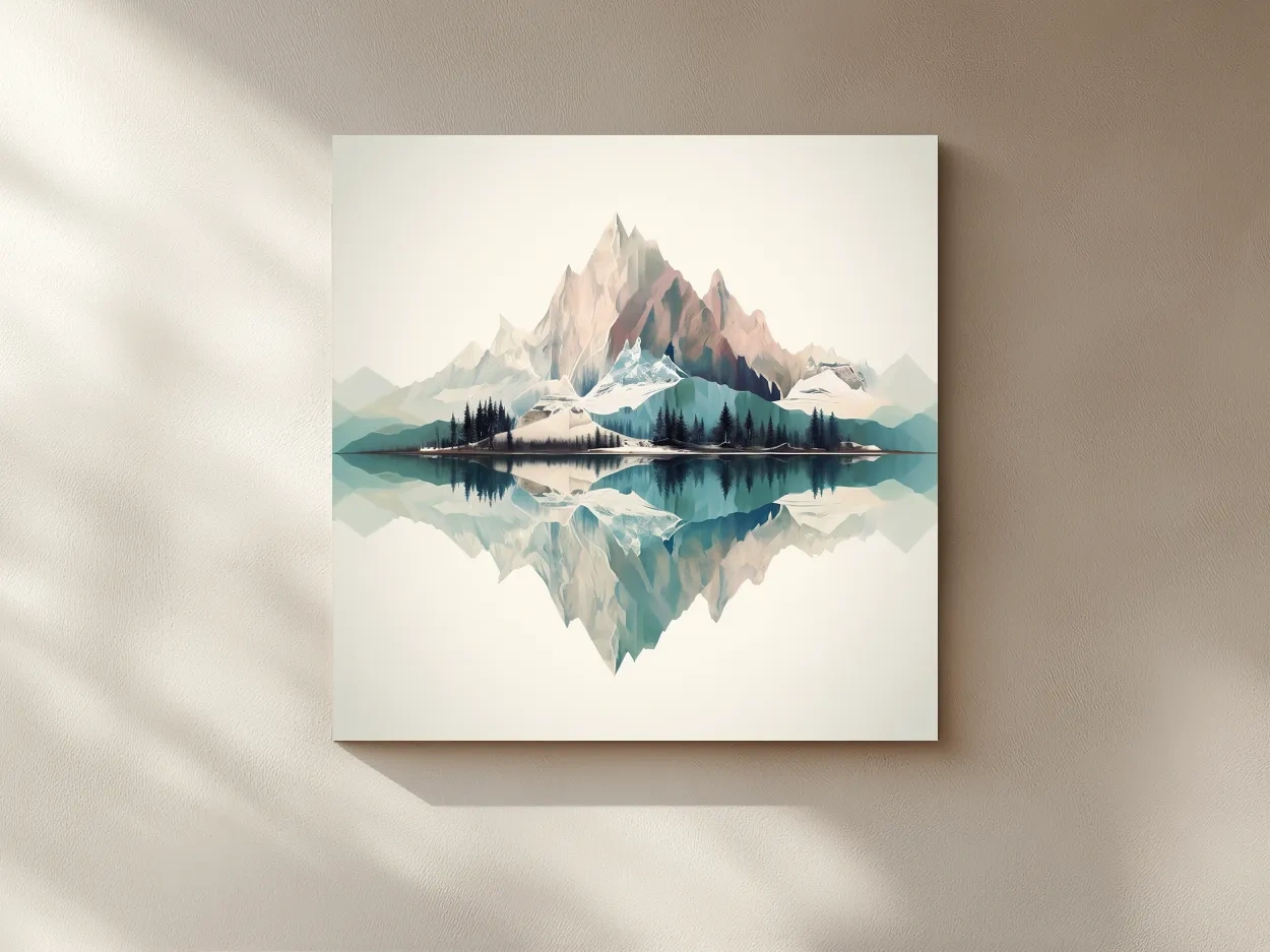 Minimalist Alpine Mountain Lake Reflection - Serene Pastel Watercolour Wall Art