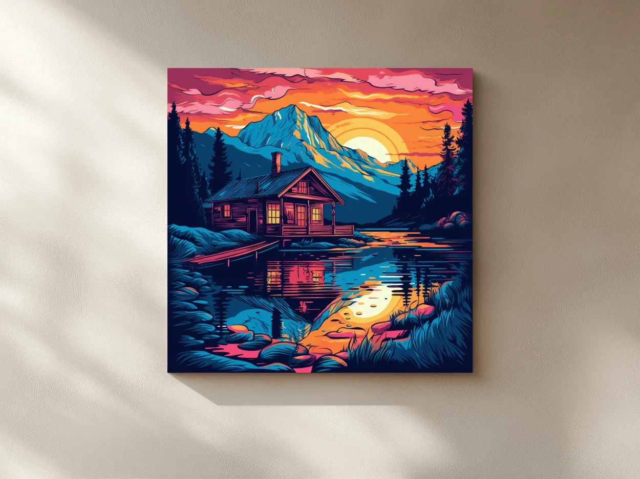 Vibrant Retro Alpine Lake Cabin Sunset - Vector Mountain Wall Art