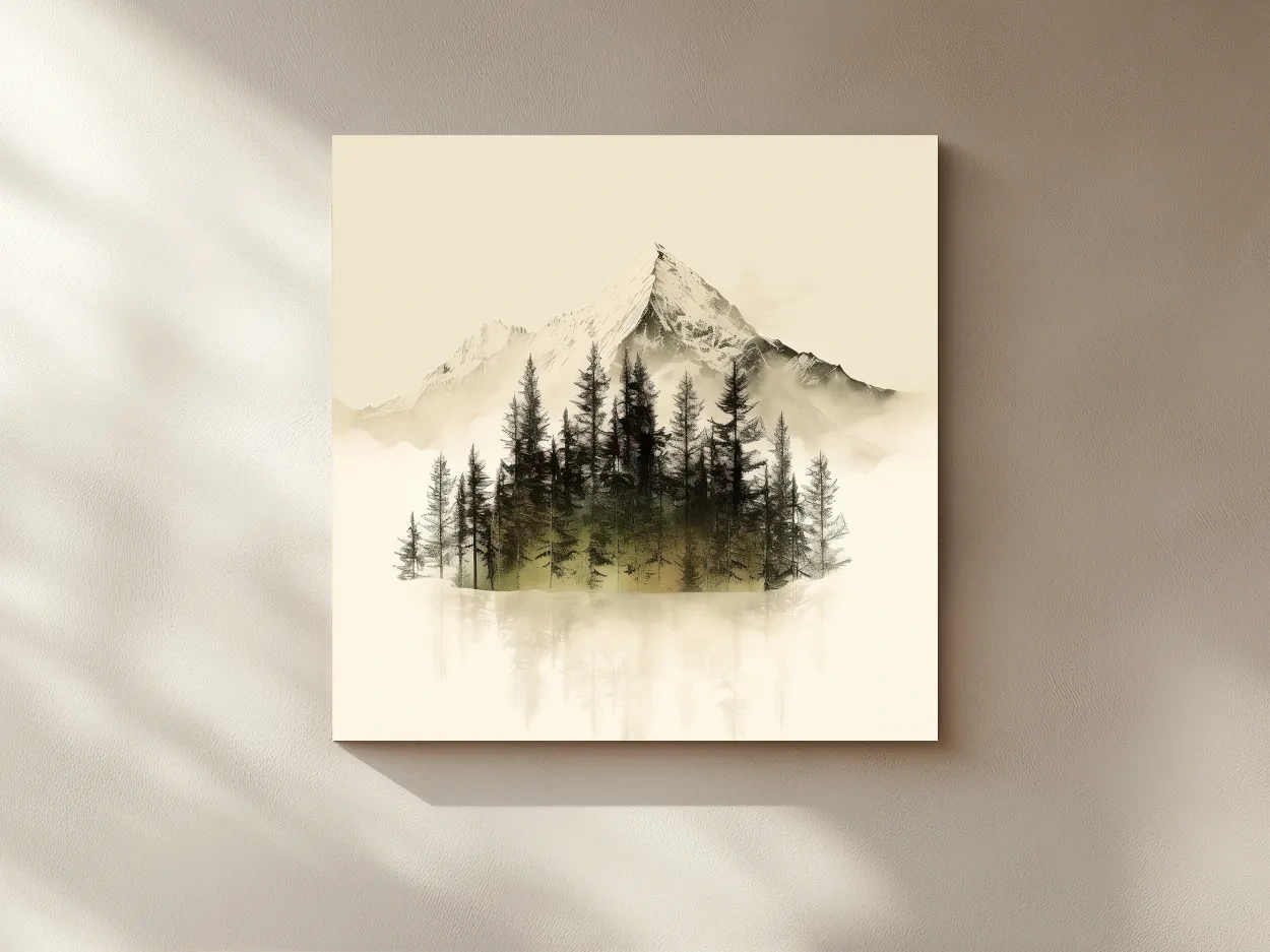 Misty Alpine Mountain Pine Forest Artwork - Minimalist Landscape Wall Art