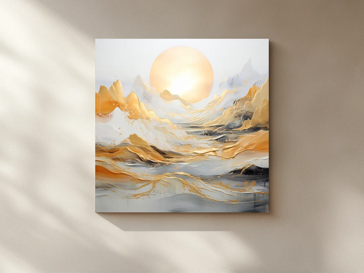Abstract Golden Sunrise Mountain Landscape - Modern Golf Leaf Style Wall Art