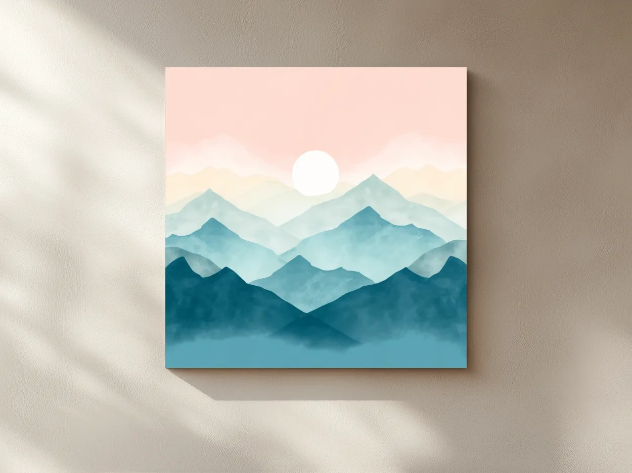 Minimalist Watercolor Misty Mountain Sunrise - Pastel Alpine Landscape Wall Art