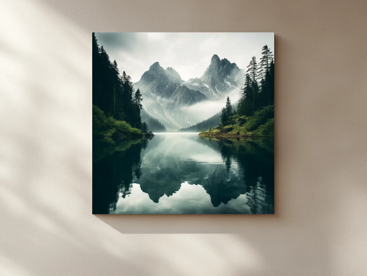 Misty Alpine Mountain Lake Reflection - Moody Pine Forest Photographic Wall Art