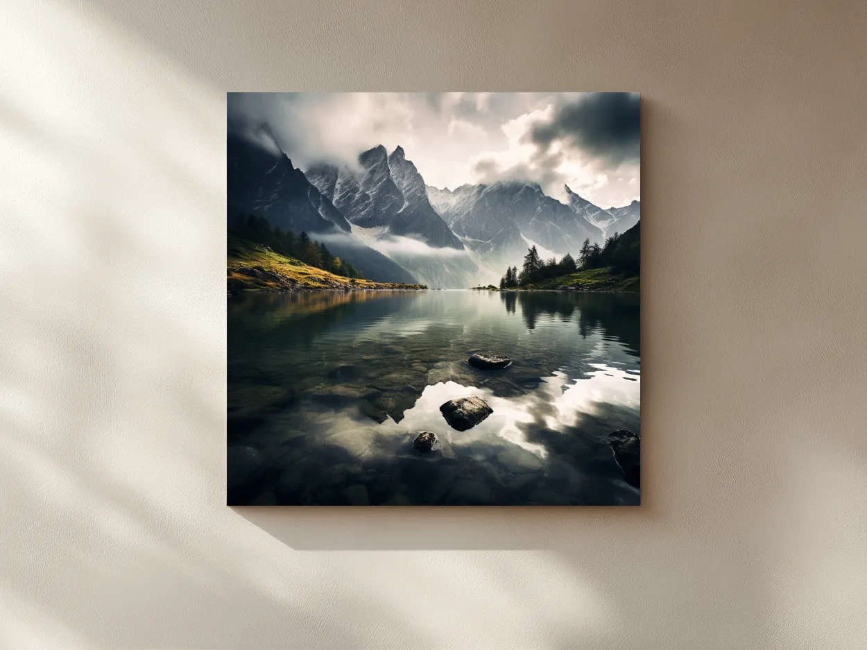 Photographic art, dramatic clouds over an alpine lake
