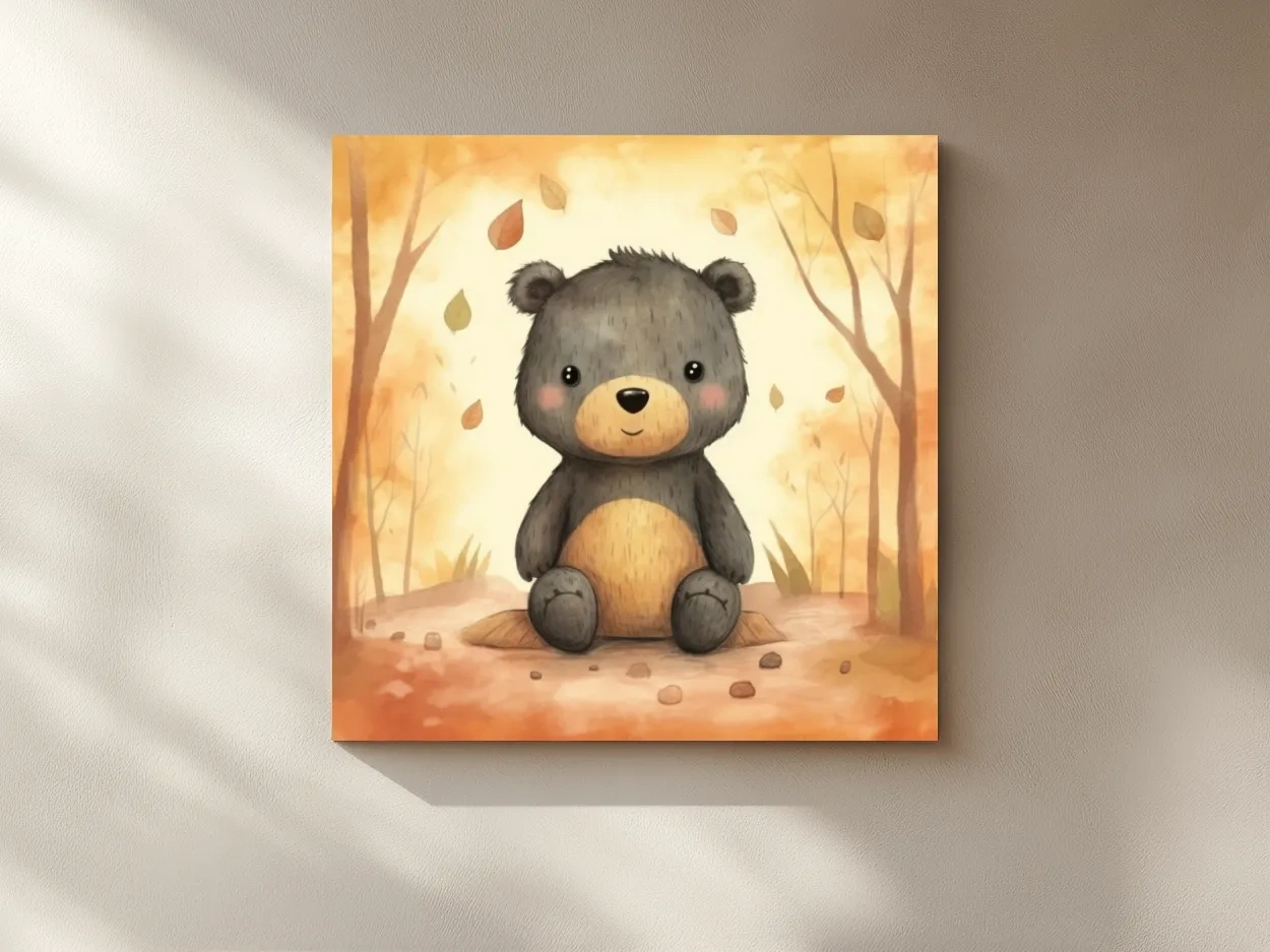 Cute Watercolor Teddy Bear Forest Illustration - Whimsical Nursery Wall Art