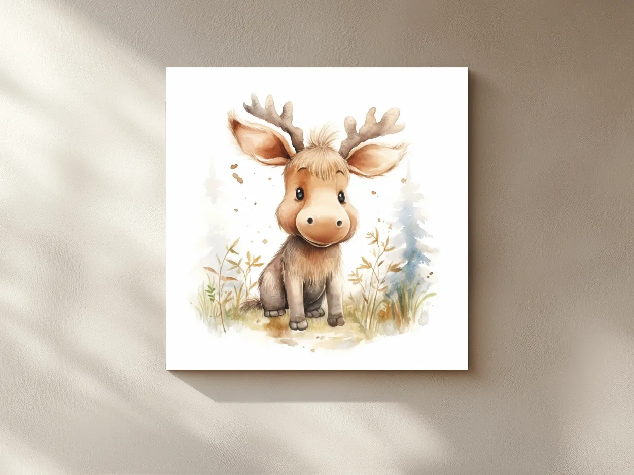 Cute Baby Moose Watercolor Illustration - Woodland Nursery Animal Wall Art