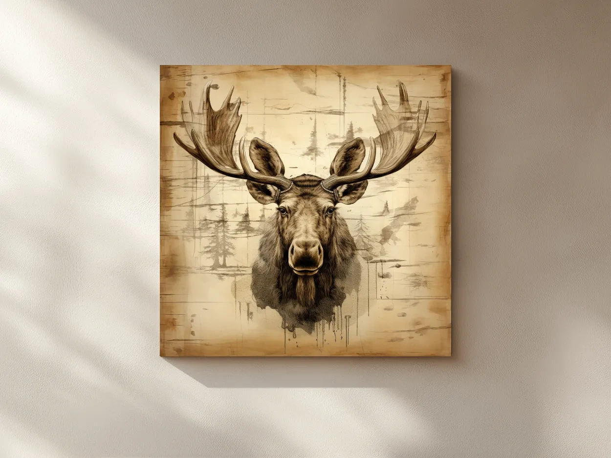 Rustic Sepia Moose Portrait Sketch - Vintage Lodge Wildlife Wall Art