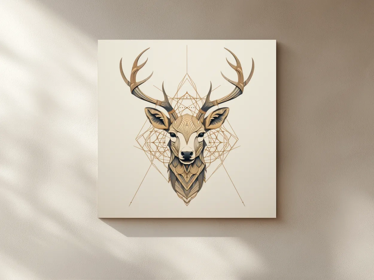 Geometric tattoo style illustration of a deer head