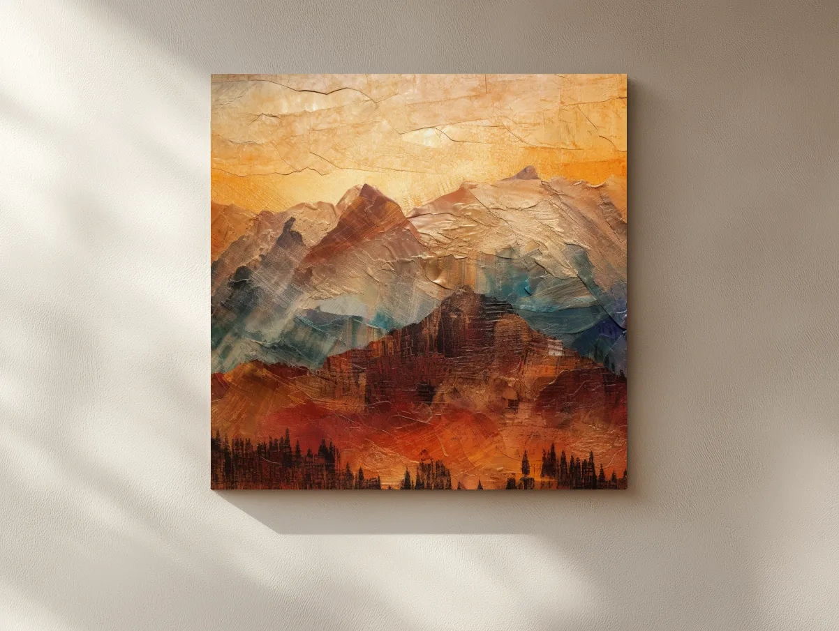 Impasto Style Abstract Mountain Range Sunset - Warm Rustic Landscape Wall Art