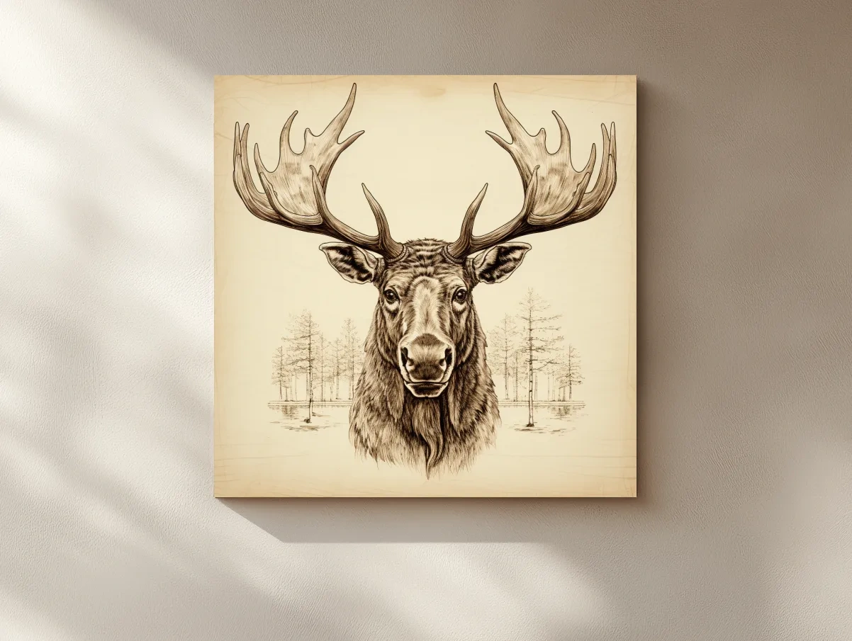 Rustic Sepia Moose Head Sketch - Vintage Woodland Wildlife Wall Art