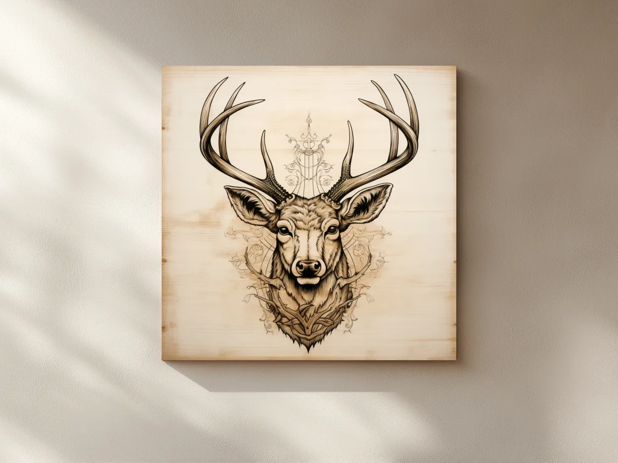 Ornate Deer Head on Wood Sketch Illustration - Rustic Wildlife Wall Art