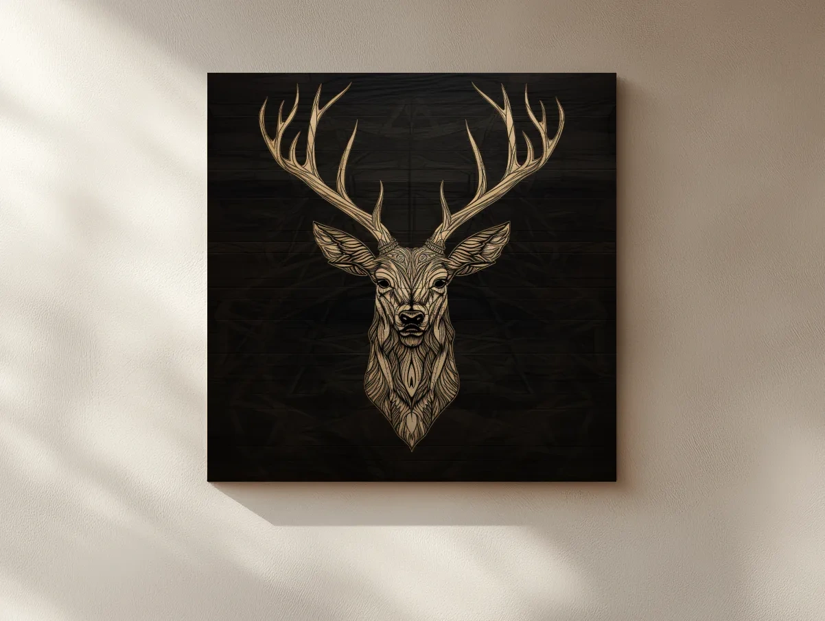 Elegant Geometric Deer Head Line Art - Rustic Woodcut Style Wildlife Artwork