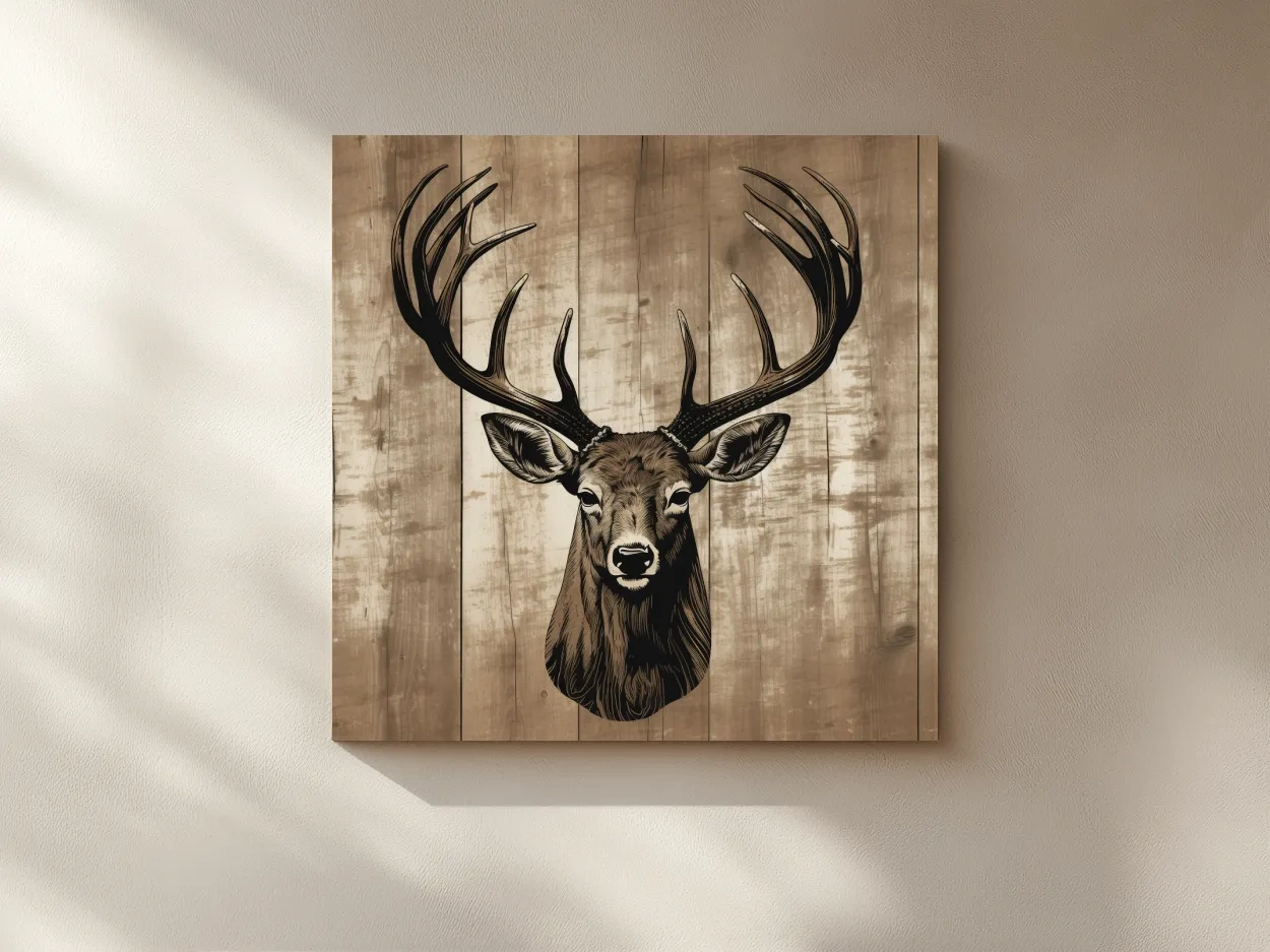 Rustic Stag Head Illustration - Vintage Cabin Lodge Wildlife Wall Art