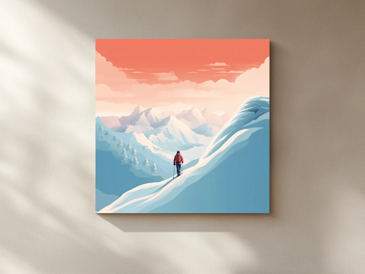 Minimalist Backcountry Skier Illustration - Pastel Alpine Landscape Wall Art