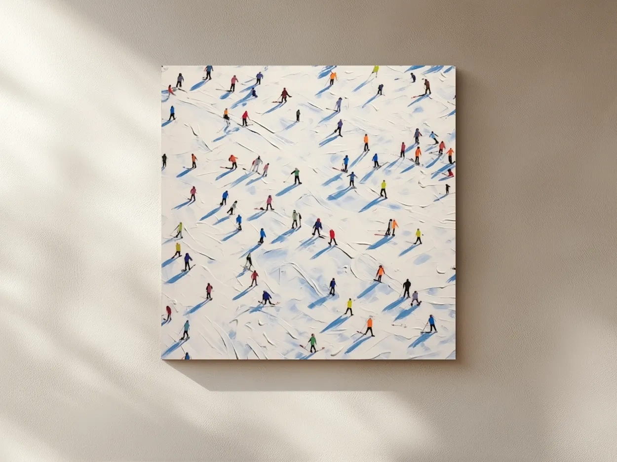 Tiny Skiers On Snowy Slopes - Modern Winter Sports Painting Wall Art
