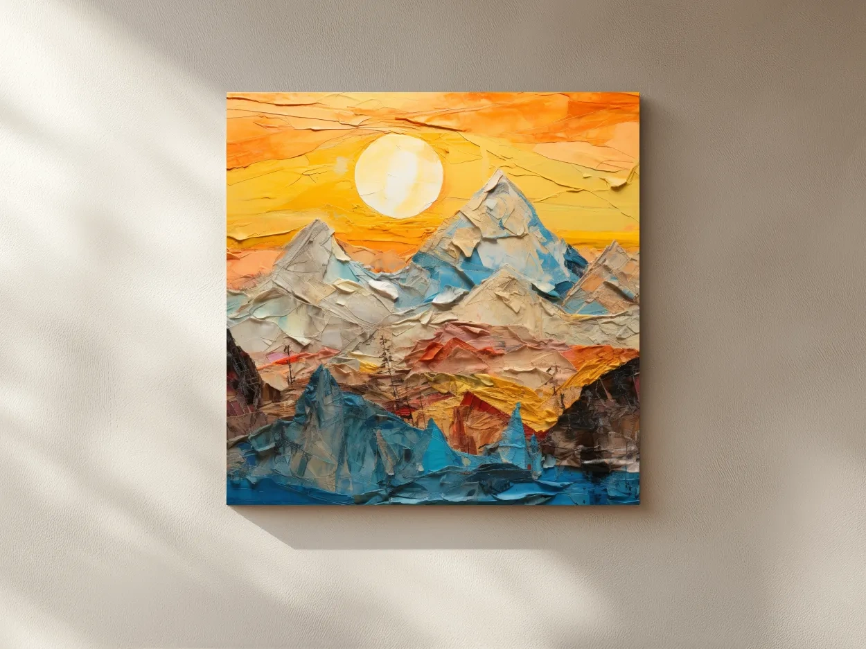 Collage Mountain Sunrise Painting - Warm Abstract Landscape Wall Art