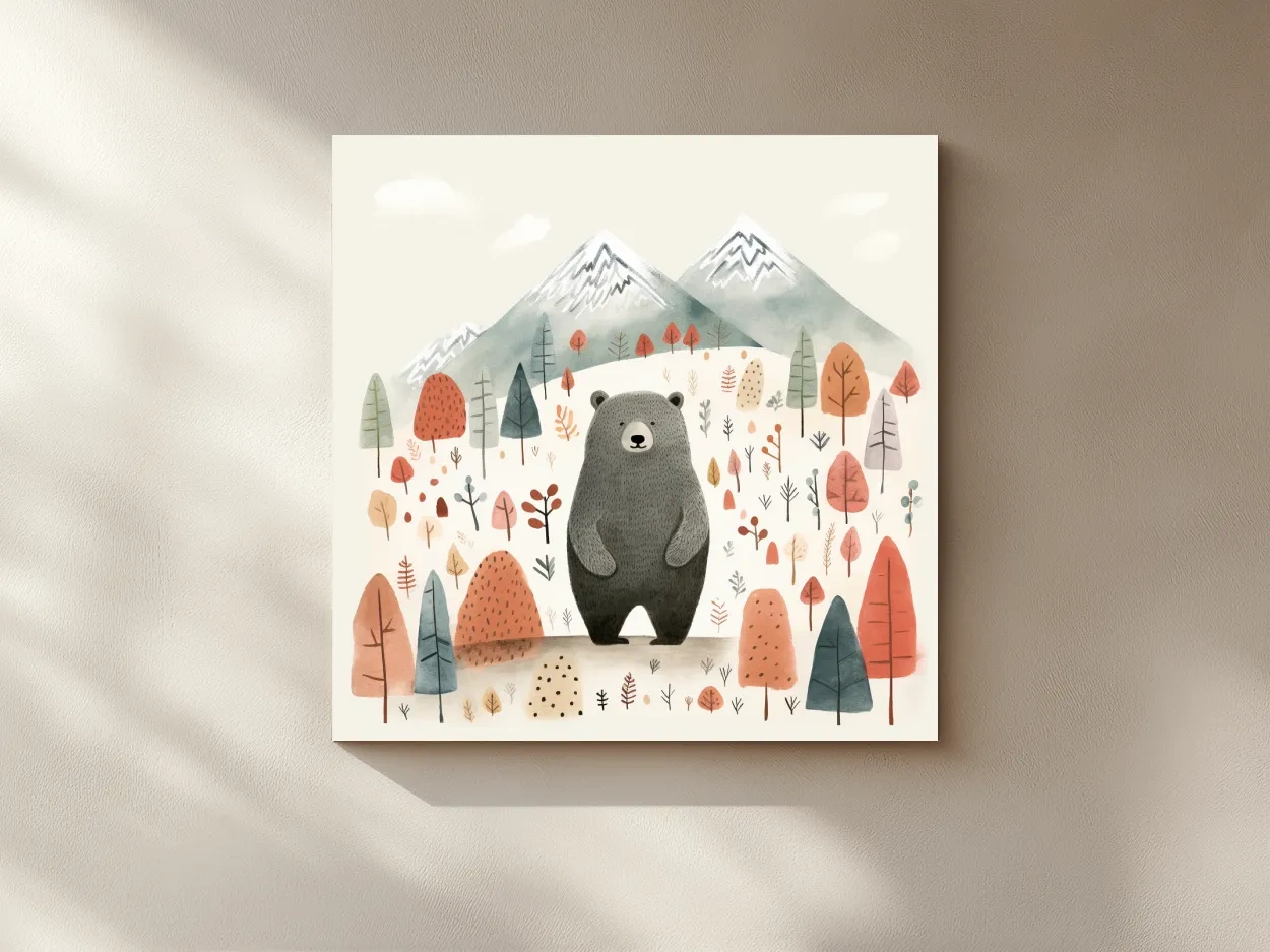 Cute Bear In Autumn Mountains - Scandinavian Nursery Woodland Animal Wall Art