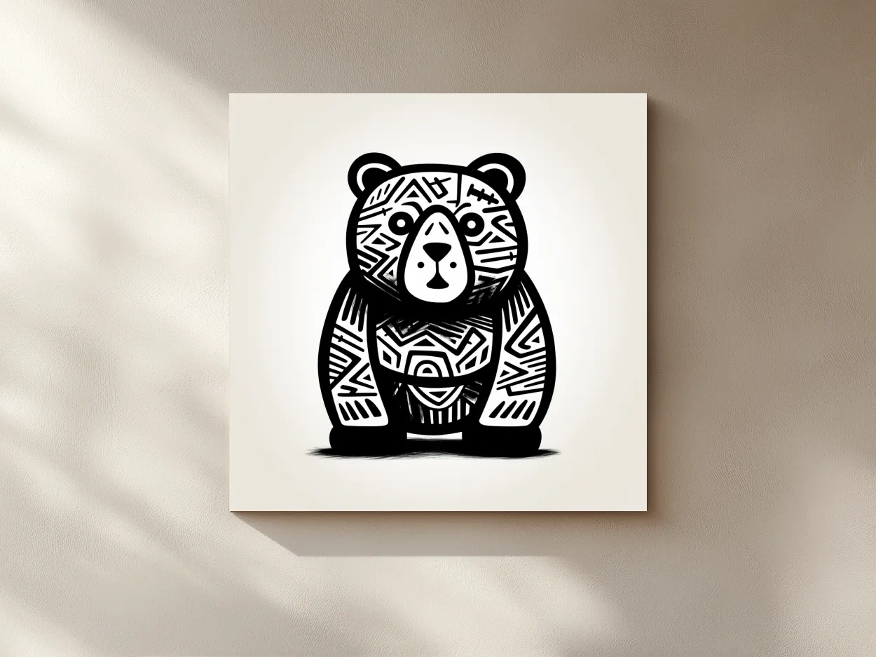 Tribal Pattern Bear Illustration - Quirky Black And White Animal Wall Art