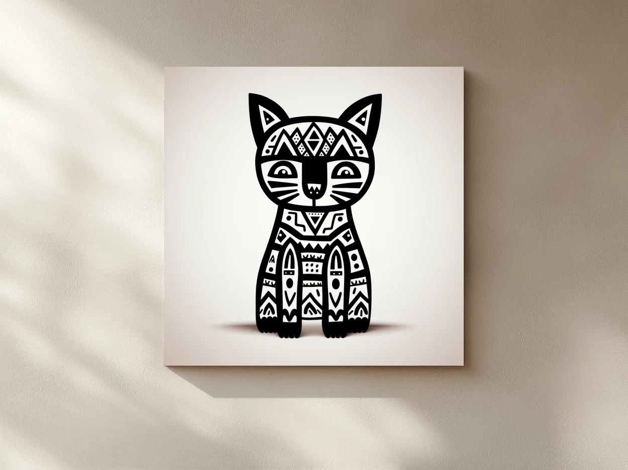 Tribal Geometric Cat Illustration - Black And White Quirky Animal Wall Art