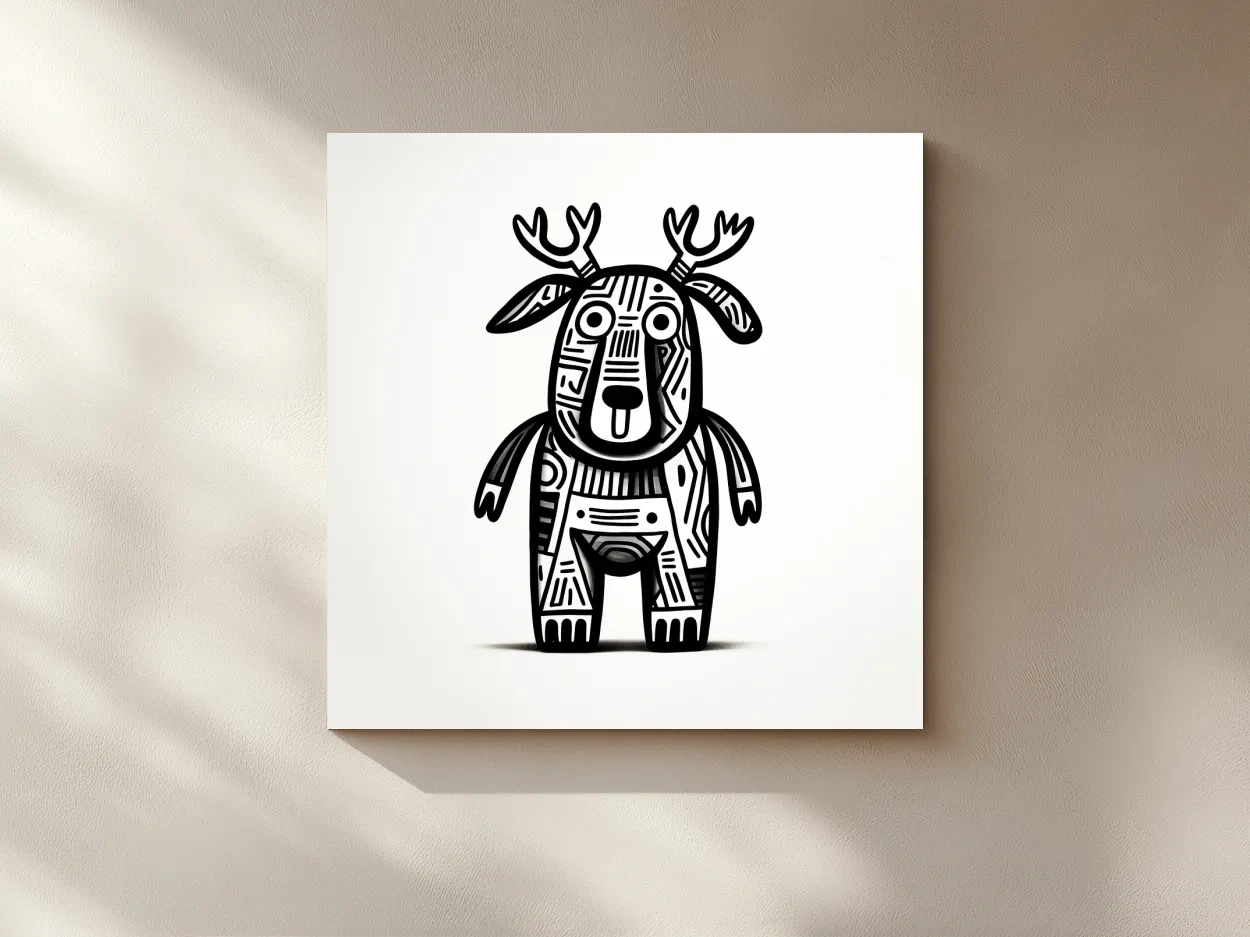 Whimsical Tribal Deer Illustration - Quirky Black And White Animal Wall Art