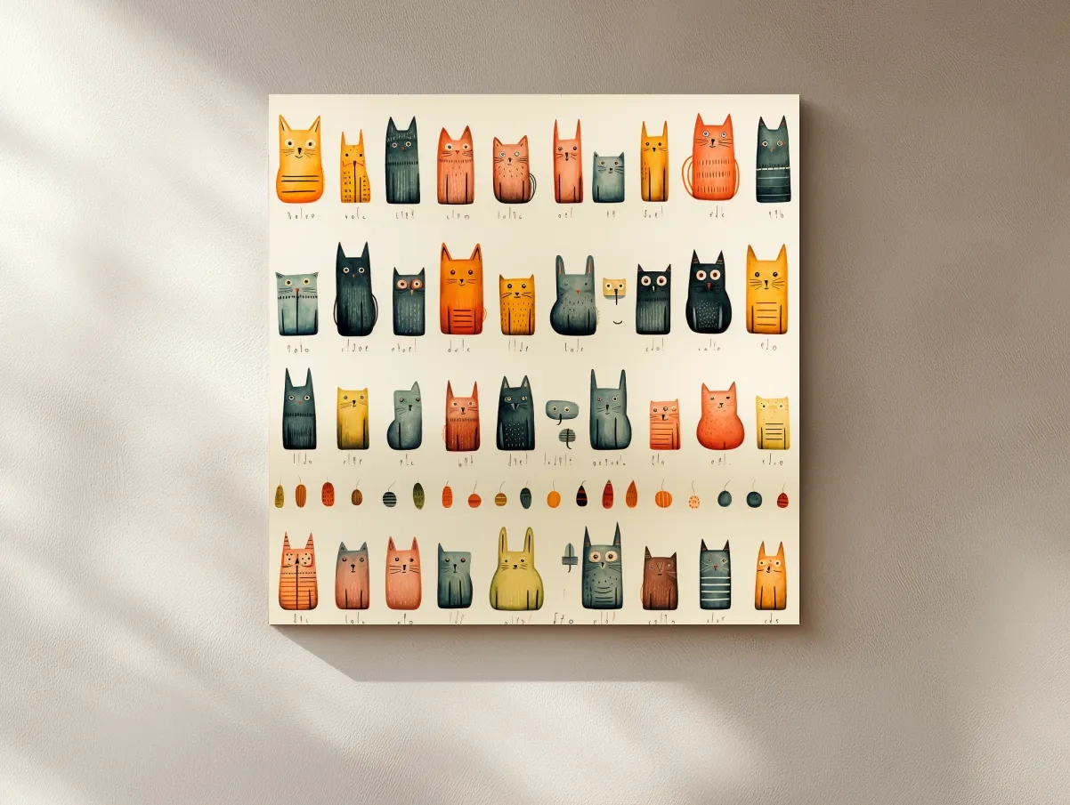 Whimsical Mid Century Cat Pattern Illustration - Colorful Nursery Wall Art