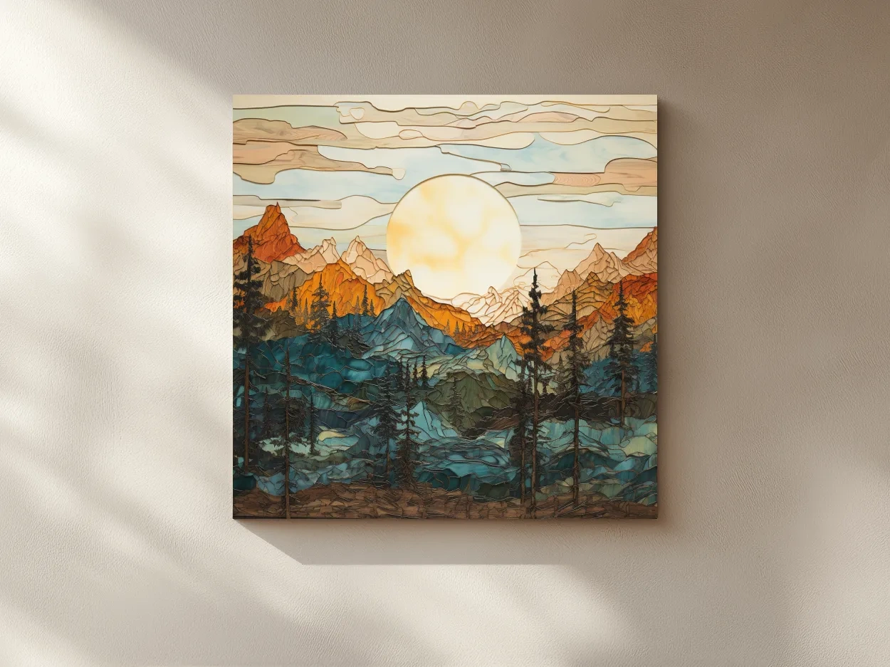 Stained Glass Mountain Sunset Landscape - Colorful Mosaic Forest Wall Art