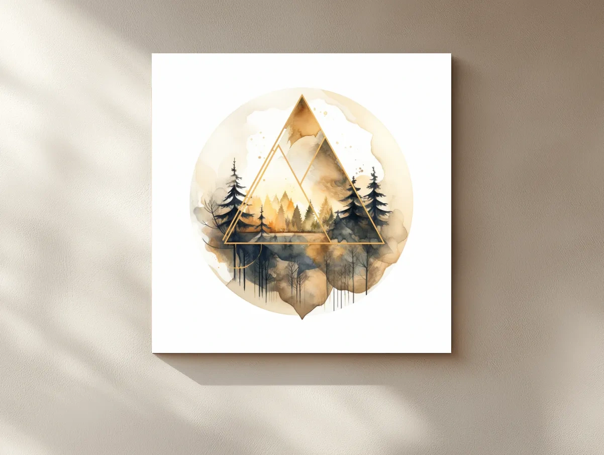 Geometric Watercolor Mountain Forest Landscape - Modern Rustic Nature Wall Art
