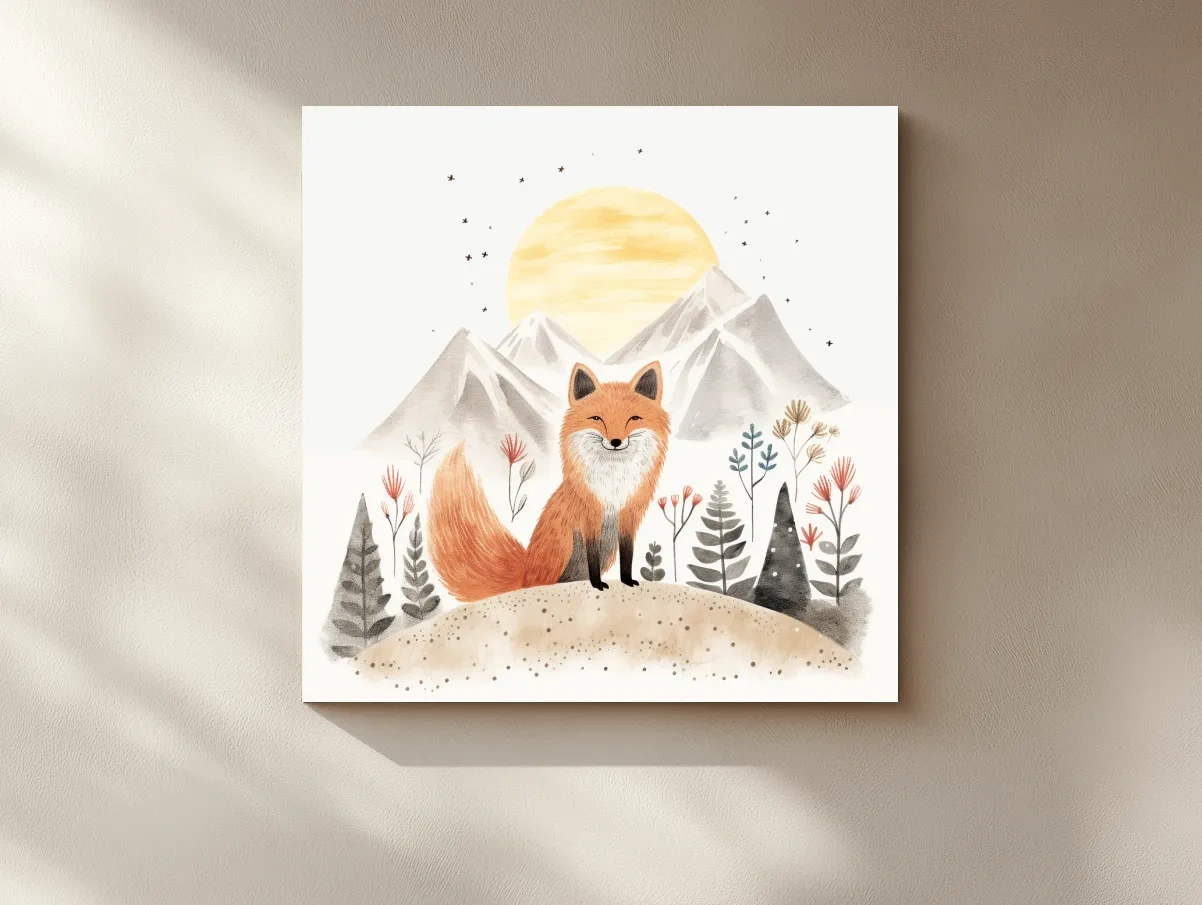 Whimsical Watercolor Fox Mountain Sunrise - Nursery Woodland Animal Wall Art