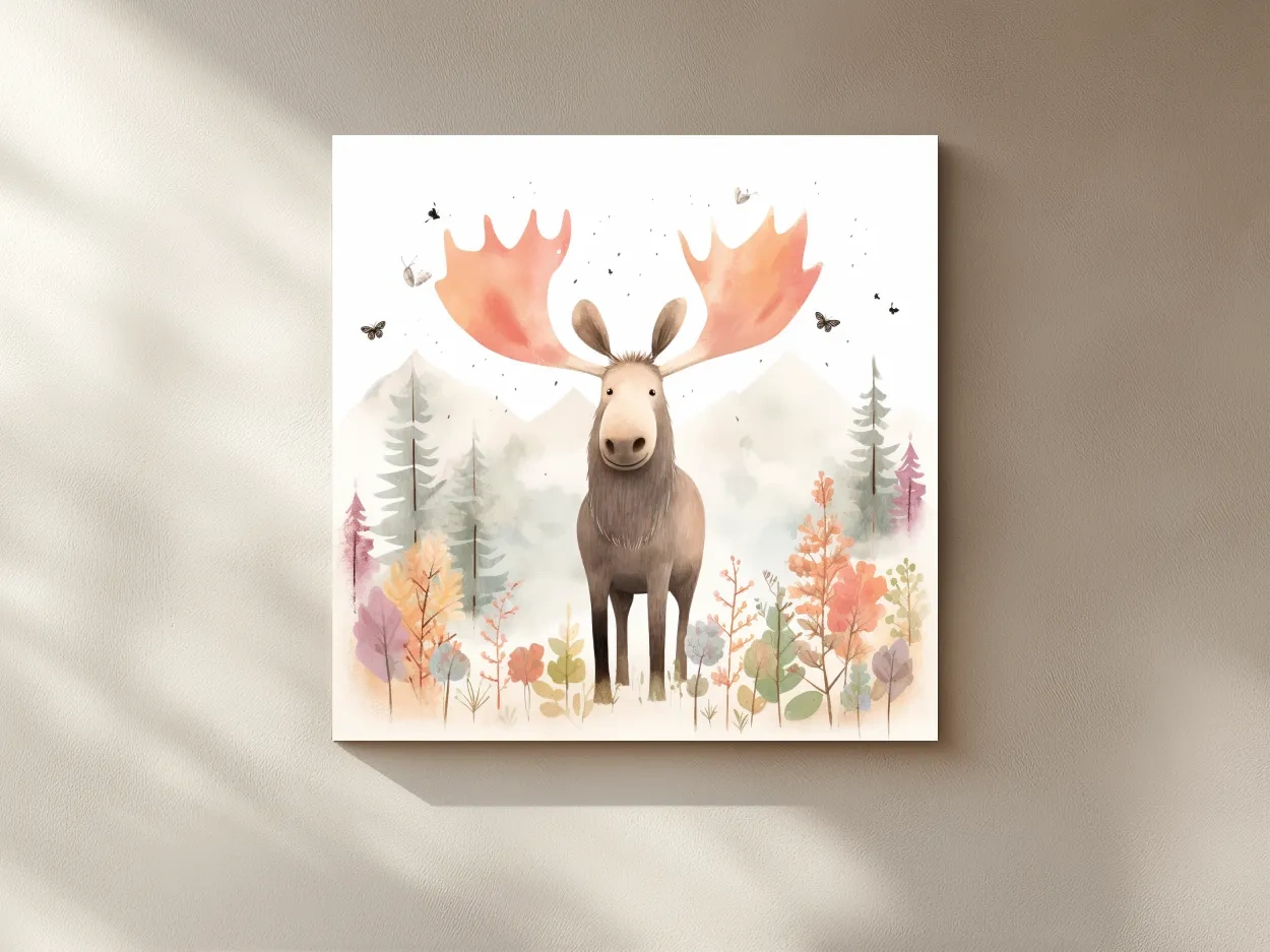 Whimsical Watercolor Moose In Pastel Forest - Storybook Nursery Animal Wall Art