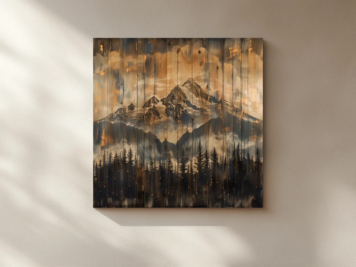 Rustic Mountain Range Over Pine Forest - Vintage Wood Panel Style Landscape Artwork