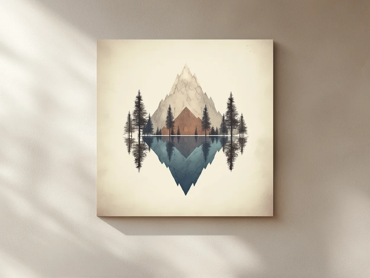 Minimalist Geometric Mountain Lake Reflection - Pine Forest Landscape Wall Art