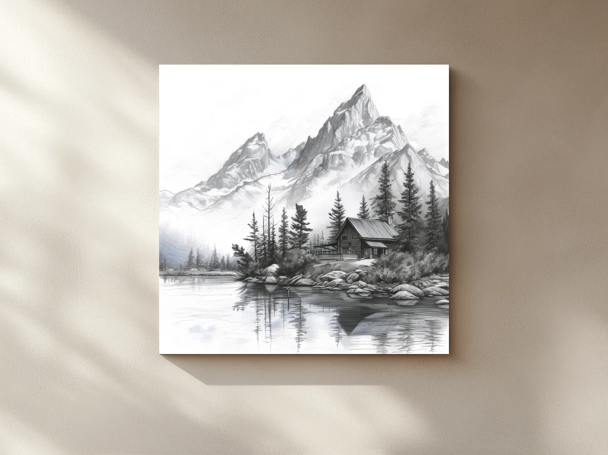 Monochrome Mountain Lake Cabin Sketch - Rustic Alpine Glacier Wall Art